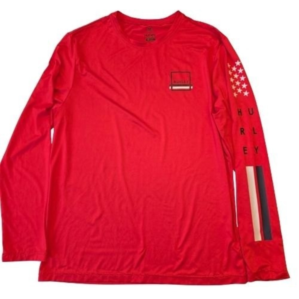 Hurley Mens M Long Sleeve Performance Shirt Red Graphic Sleeve Stars‎ Stripes